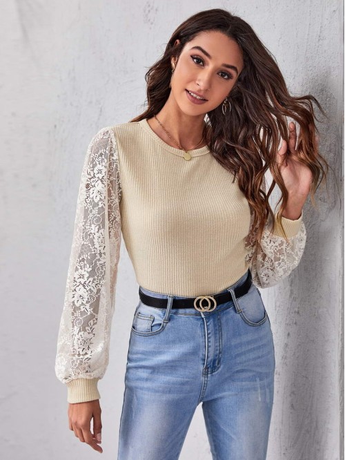 Lace Lantern Sleeve Crop Top