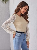 Lace Lantern Sleeve Crop Top