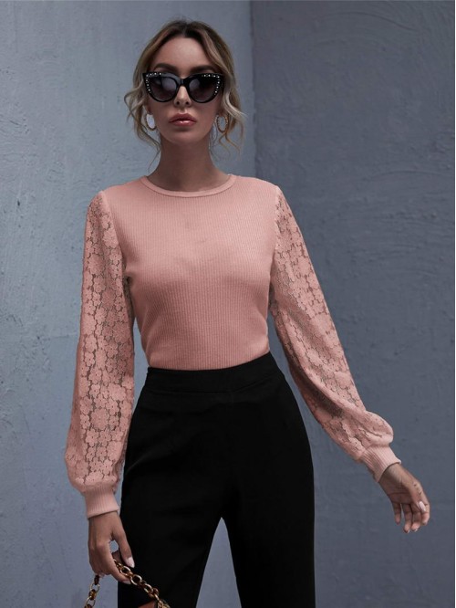 Lace Lantern Sleeve Crop Top