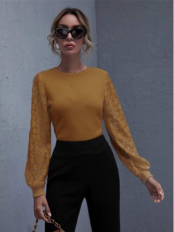 Lace Lantern Sleeve Crop Top