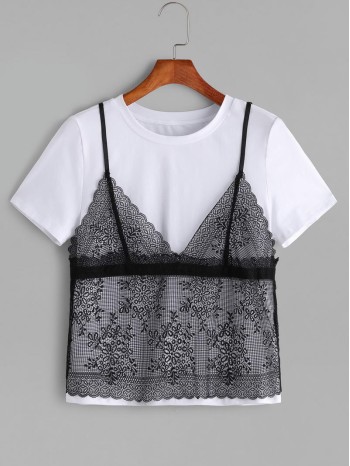 Contrast Floral Lace Cami Overlay T-shirt