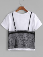 Contrast Floral Lace Cami Overlay T-shirt