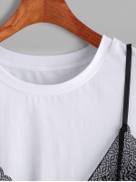 Contrast Floral Lace Cami Overlay T-shirt