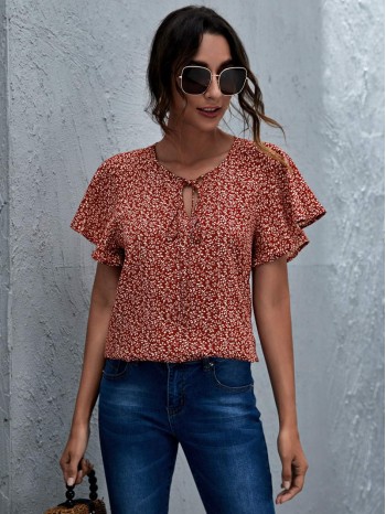 Tie Neck Flutter Sleeve Ditsy Floral Top