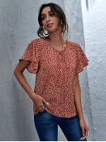 Tie Neck Flutter Sleeve Ditsy Floral Top