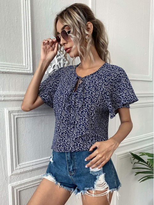 Flutter Sleeve Tie Neck Ditsy Floral Top