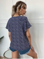 Flutter Sleeve Tie Neck Ditsy Floral Top