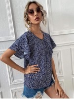 Flutter Sleeve Tie Neck Ditsy Floral Top