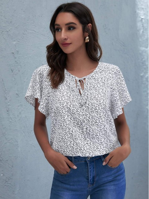 Flutter Sleeve Tie Neck Ditsy Floral Top