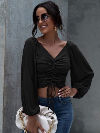 Blouson Sleeve Drawstring Ruched Top