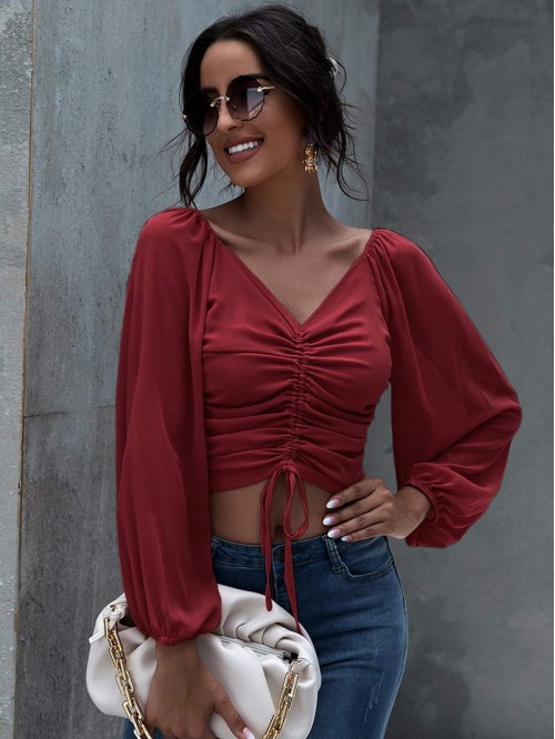 Lantern Sleeve Drawstring Ruched Top