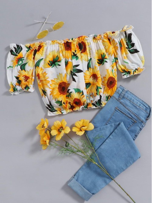 Sunflower Print Frill Trim Bardot Blouse