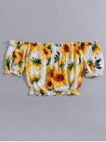 Sunflower Print Frill Trim Bardot Blouse