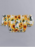 Sunflower Print Frill Trim Bardot Blouse