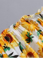 Sunflower Print Frill Trim Bardot Blouse