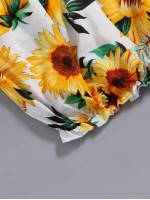 Sunflower Print Frill Trim Bardot Blouse