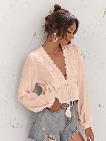 Lace Insert Tassel Tie Front Peplum Top