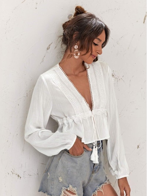 Lace Insert Tassel Tie Front Peplum Top