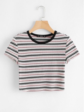 Striped Ribbed Cropped Tee