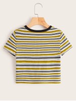 Contrast Neck Rib-knit Striped Top