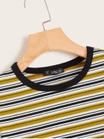 Contrast Neck Rib-knit Striped Top