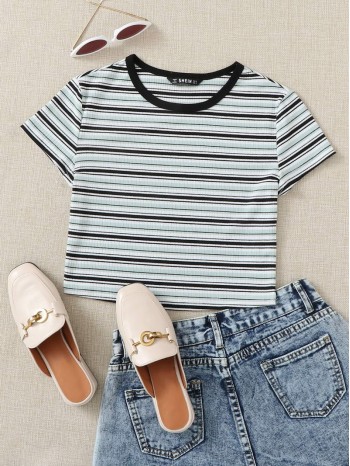 Striped Rib-knit Crop Tee