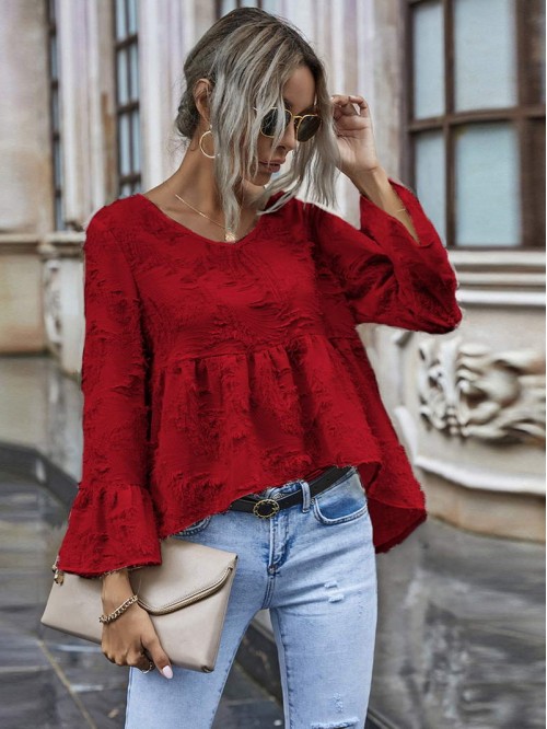 Solid Fuzzy High-Low Babydoll Blouse