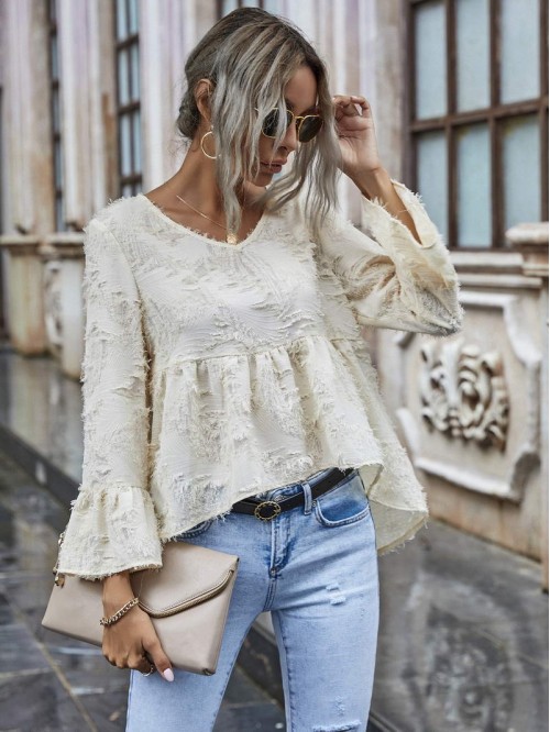 Fuzzy V-Neck Flounce High-Low Top