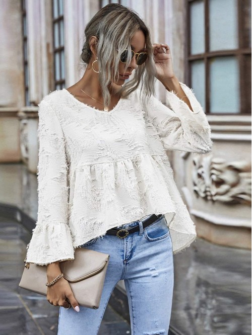 Fuzzy V-Neck Flounce High-Low Top