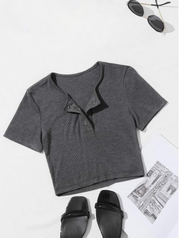 Solid Half Button Ribbed Tee