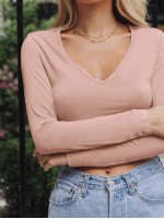 V-neck Solid Crop Tee