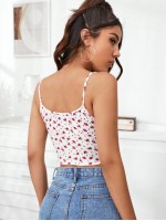 Lace Trim Rib-knit Ditsy Floral Cami Top