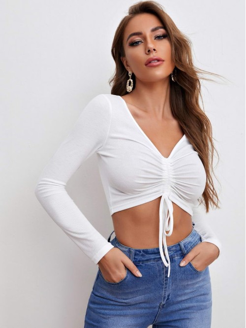 Drawstring Ruched Front Rib-knit Crop Top