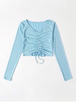 Drawstring Knot Front Rib-knit Top