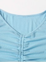 Drawstring Knot Front Rib-knit Top