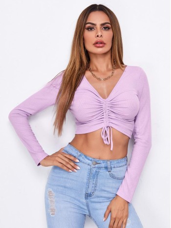 Drawstring Ruched Front Rib-knit Crop Top