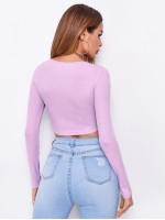 Drawstring Ruched Front Rib-knit Crop Top