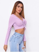 Drawstring Ruched Front Rib-knit Crop Top