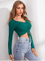 Drawstring Front Rib-knit Crop Top