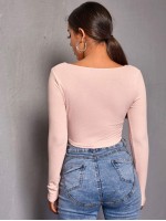 Ruched Drawstring Front Rib-knit Crop Tee