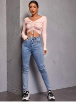 Ruched Drawstring Front Rib-knit Crop Tee