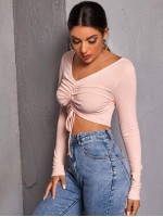 Ruched Drawstring Front Rib-knit Crop Tee