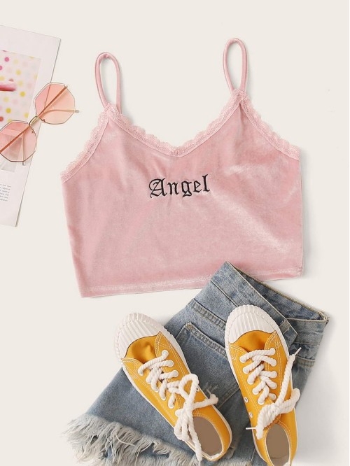 Angel Graphic Velvet Cropped Cami Top