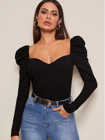 Sweetheart Neck Leg-of-mutton Sleeve Top