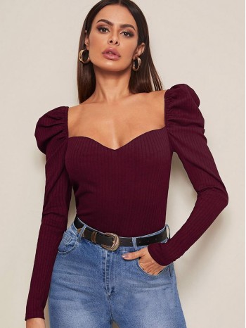 Sweetheart Neck Leg-of-mutton Sleeve Top