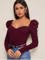 Sweetheart Neck Leg-of-mutton Sleeve Top