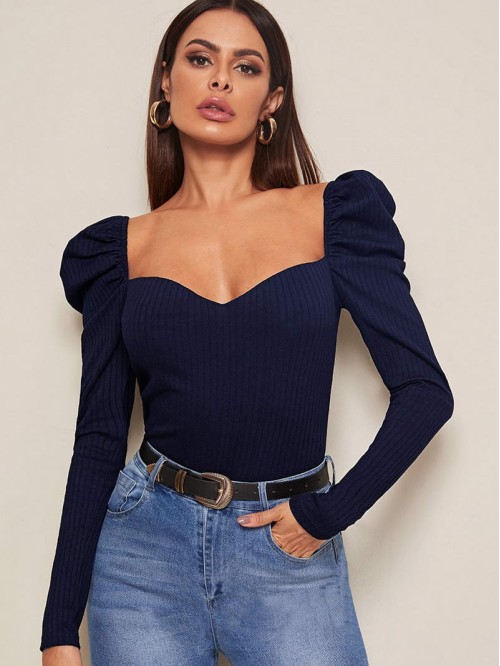 Sweetheart Neck Gigot Sleeve Rib-knit Top