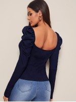 Sweetheart Neck Gigot Sleeve Rib-knit Top