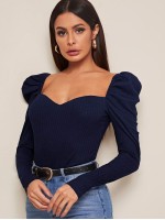 Sweetheart Neck Gigot Sleeve Rib-knit Top