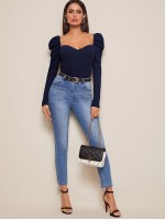 Sweetheart Neck Gigot Sleeve Rib-knit Top